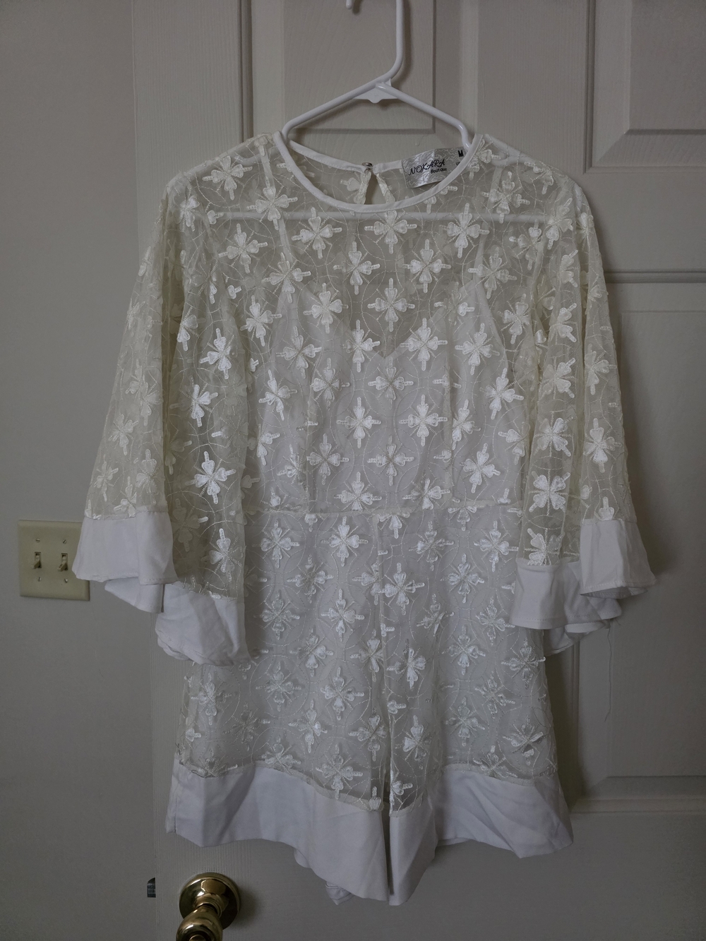 White Floral Lace Overlay Romper with Ruffle Sleeves